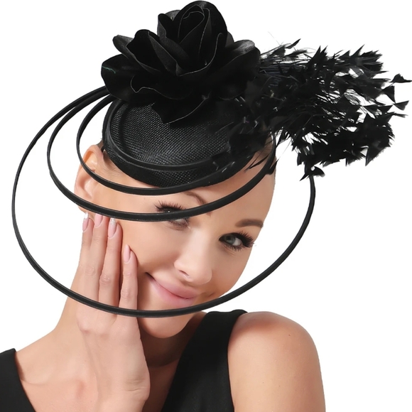 Black Fabulous Pillbox Feathered Fascinator Birdcage Hat Derby Equine Tea Brunch